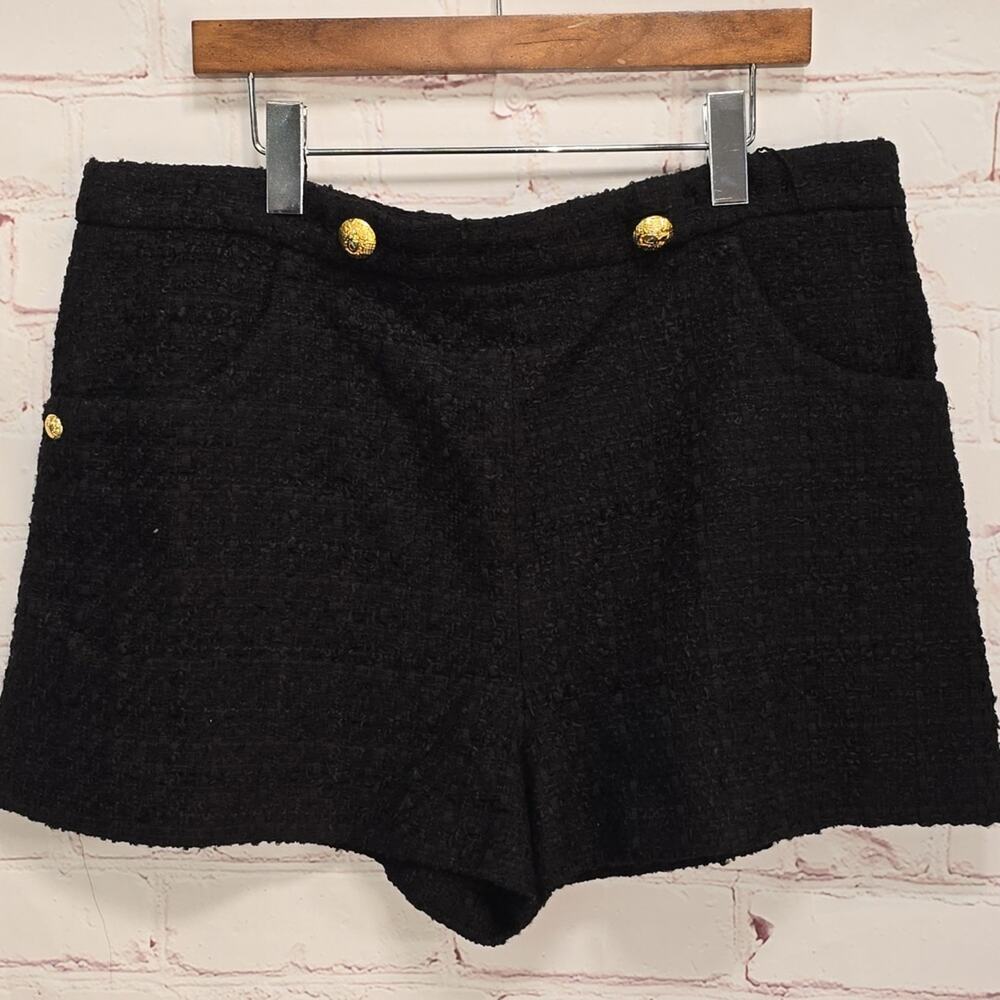 ZARA High-Waist Black Textured Weave Shorts Button Trim Womens Size XXL NWT - Picture 4 of 12